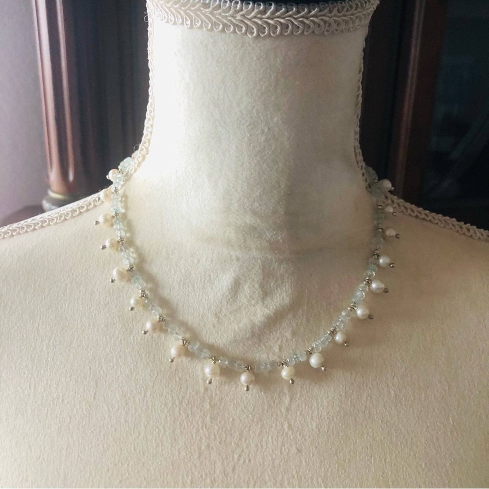 Handmade Handcrafted genuine pearl aquamarine stone sterling necklace Size ONE SIZE - 3 Thumbnail