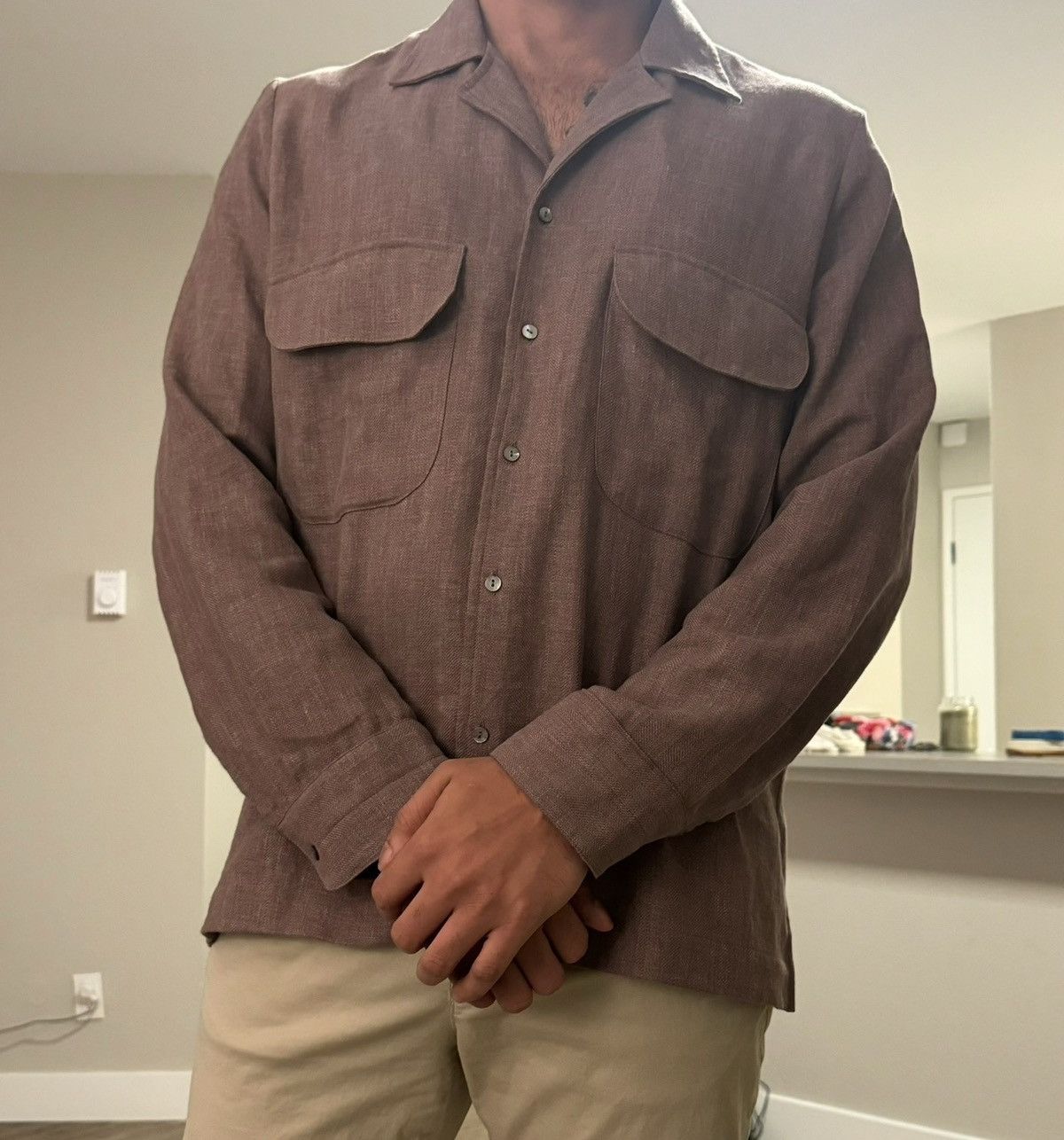 Stoffa Long Sleeve Camp Shirt (Mauve Linen Wool Silk Herringbone) Size US L / EU 52-54 / 3 - 2 Thumbnail