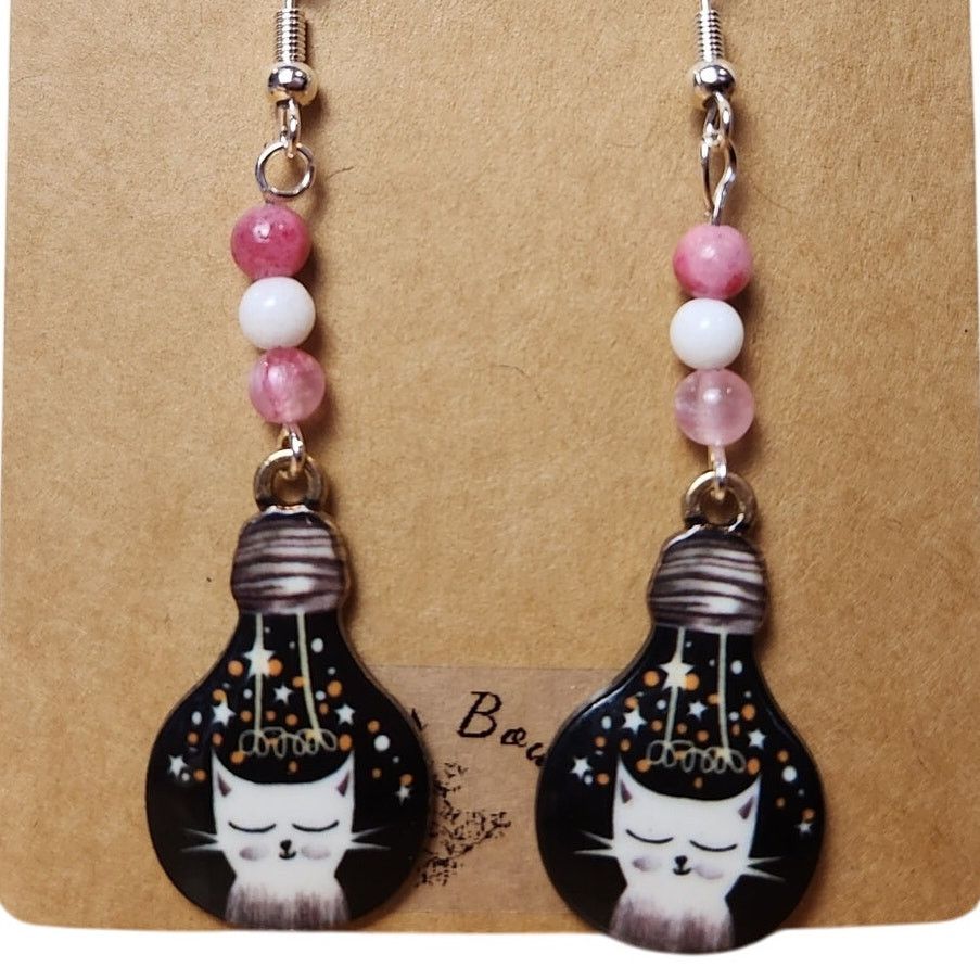 Other Handmade Cat Lightbulb Earrings Pink White Jade Beads Size ONE SIZE - 2 Thumbnail