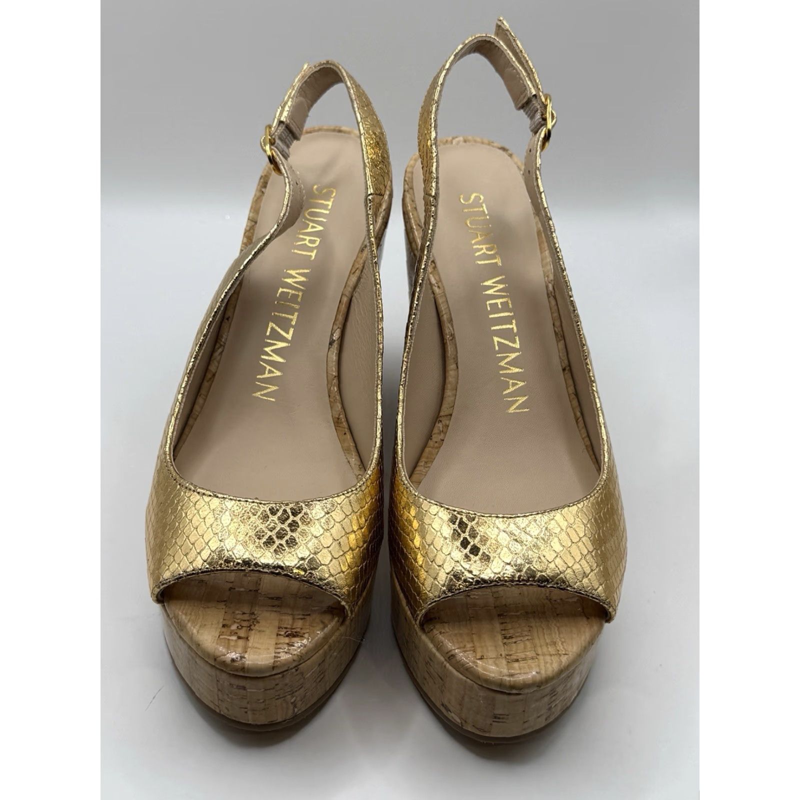 Stuart Weitzman STUART WEITZMAN Riveria Gold Python-Embossed Metallic Leather Cork Wedge 6 Size US 6 / IT 36 - 2 Thumbnail