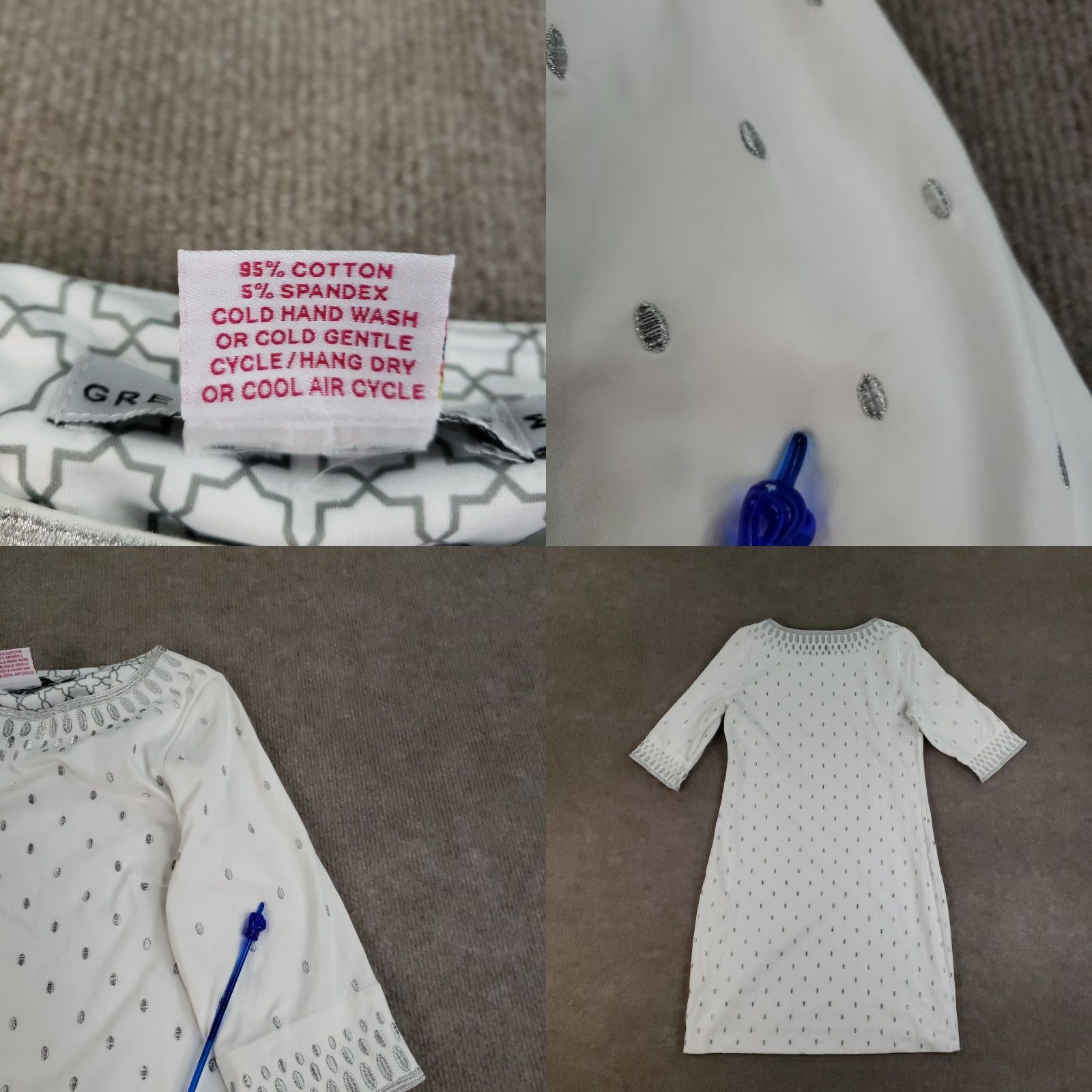 Vintage Gretchen Scott Rocket Girl Sheath Dress Womens M White Polka Dot 3/4 Sleeve Round Neck Pullover Embroidered Knee Length *Vintage: No* Size M / US 6-8 / IT 42-44 - 8 Thumbnail
