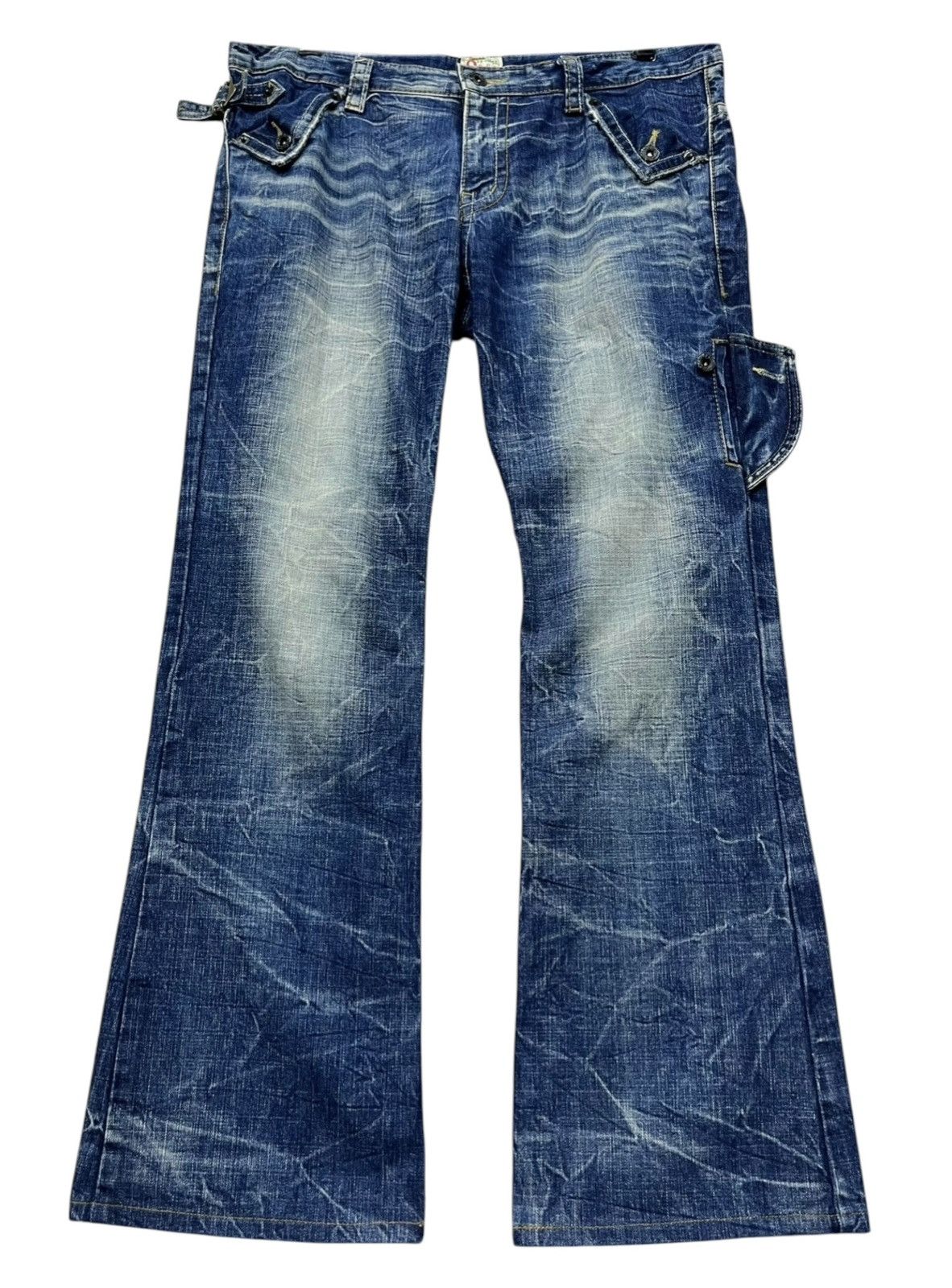Japanese Brand FYE🔥Vintage PINBALL Mudmax Acid Wash Denim Wide Leg FLARE💥 Size US 34 / EU 50 - 2 Thumbnail