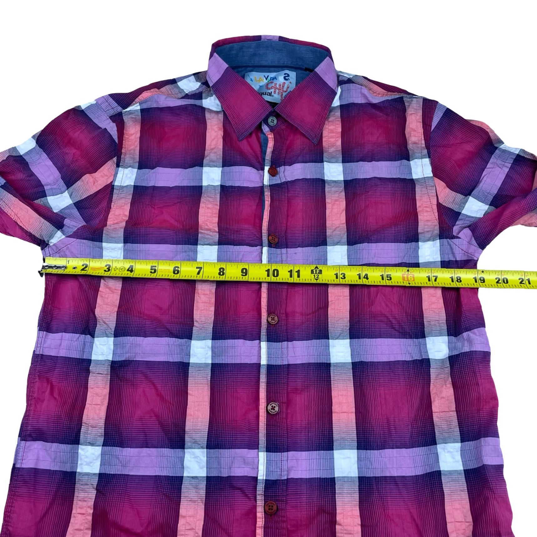 Desigual La Vida Es Chula! x Desigual Men's Button Shirt Pink/Purple Plaid Medium Shirt Mens Button-Up Cotton/Polyester Regular Long Sleeve Collared Size US M / EU 48-50 / 2 - 8 Thumbnail