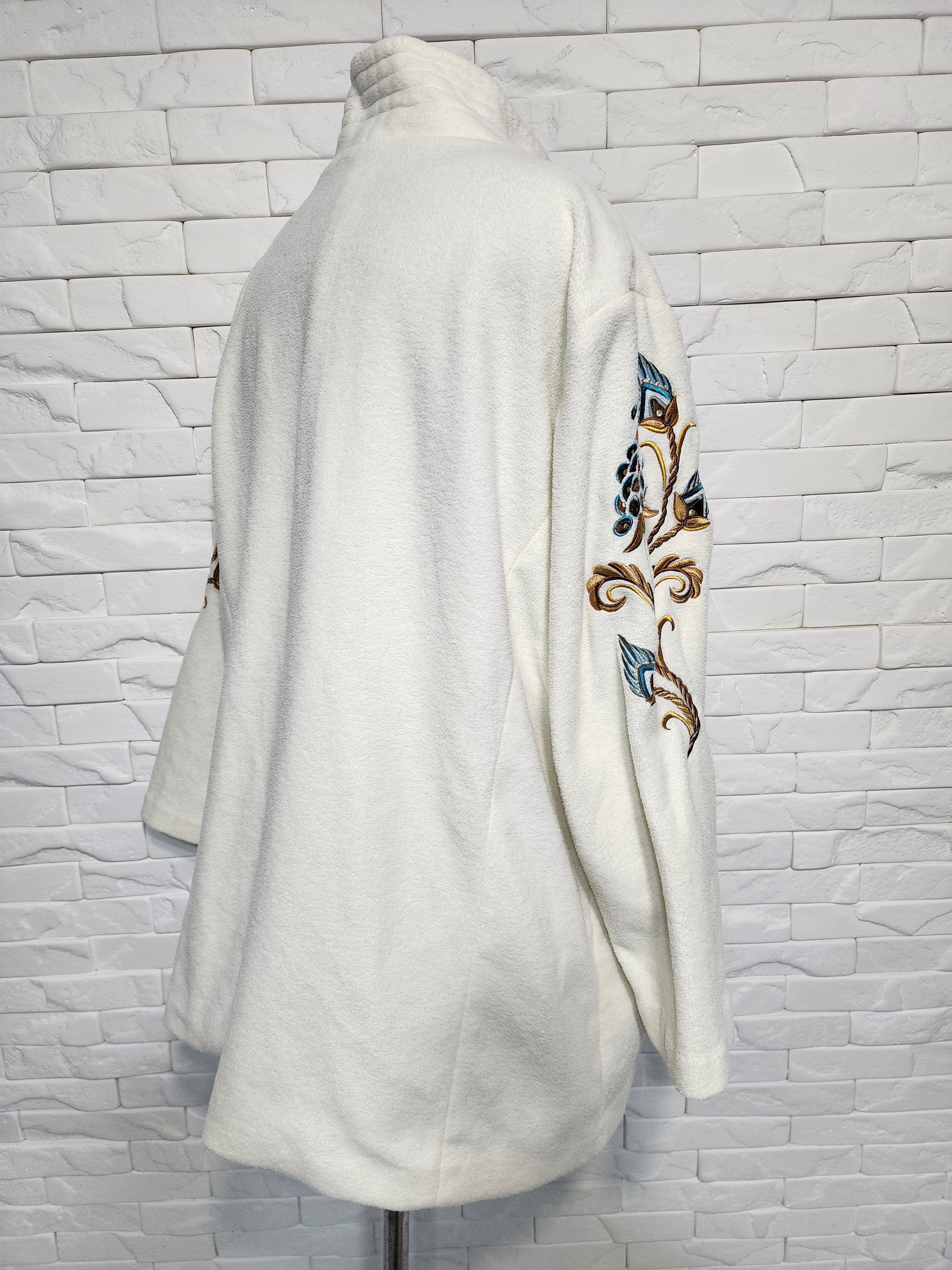 Designer Women's White Fleece Jacket. Colorful Embroidery. Size XXL / US 16-18 / IT 52-54 - 4 Thumbnail