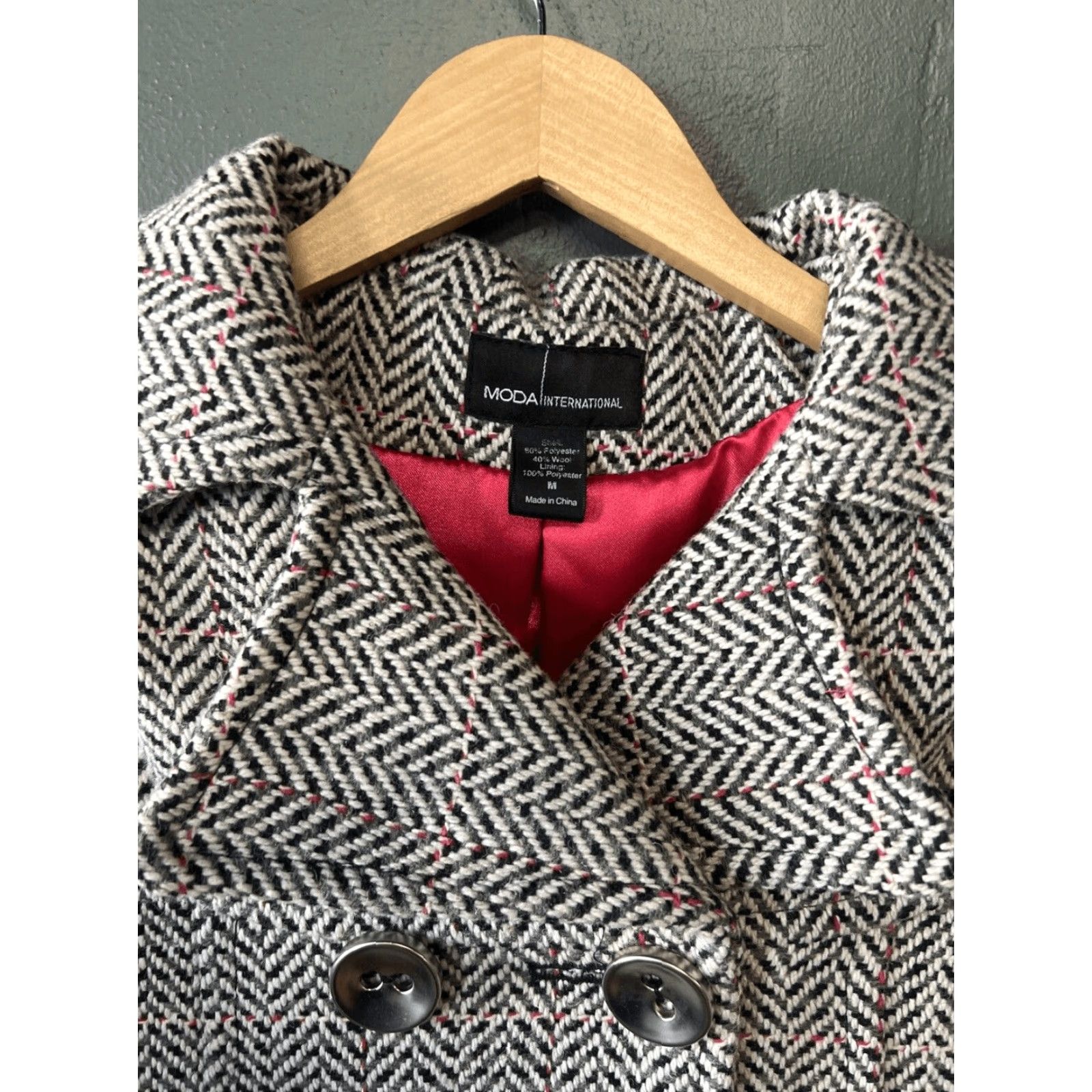 Vintage Moda International Wool Blend Pea Coat Herringbone Tweed Black White Red Medium Coat Women M Black Tweed Wool Blend Pea Coat 90s Style Womens Size M / US 6-8 / IT 42-44 - 2 Thumbnail