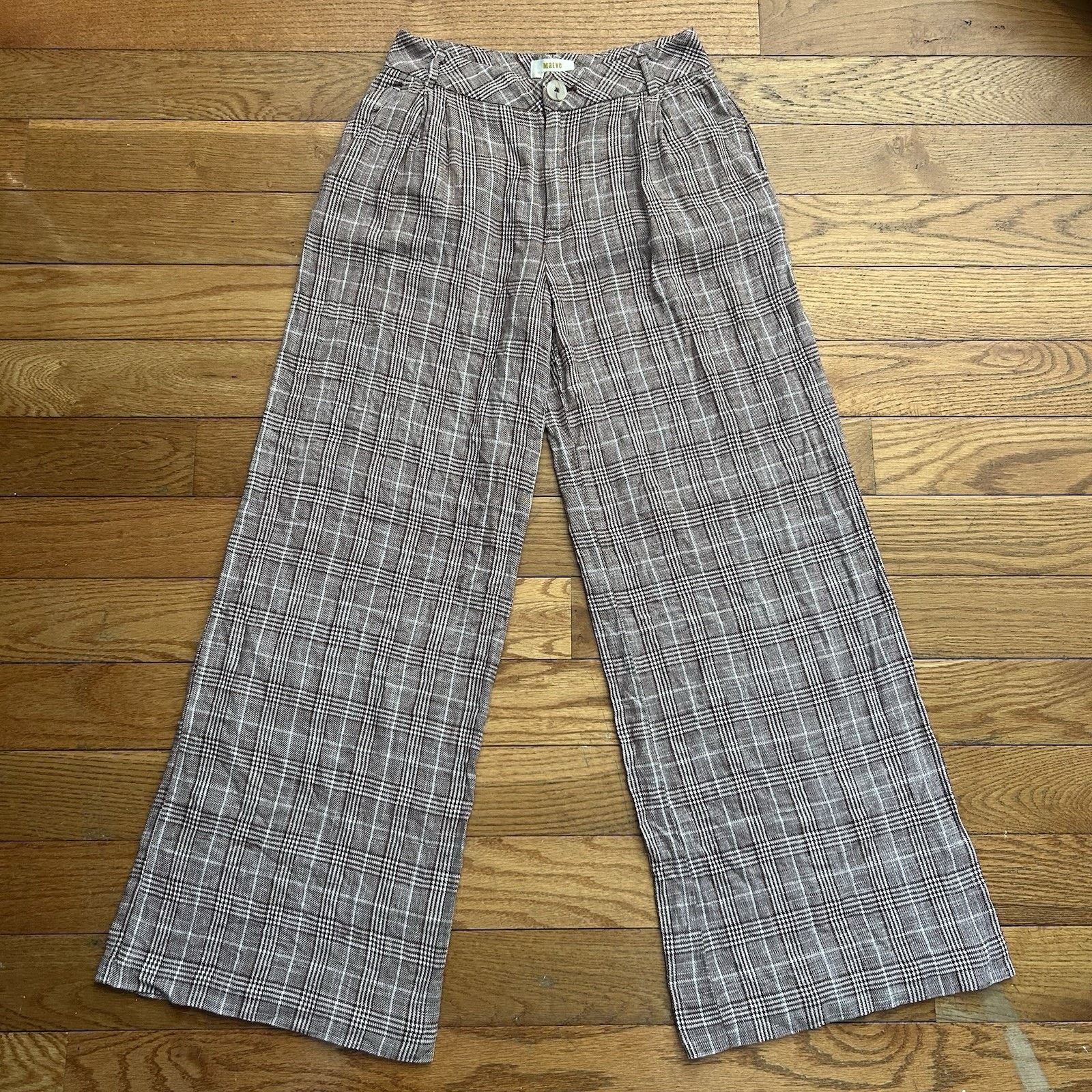 Anthropologie Maeve Avery Pleated Linen Plaid Wide Leg Pants 4 Size 27" / US 4 / IT 40 - 1 Thumbnail