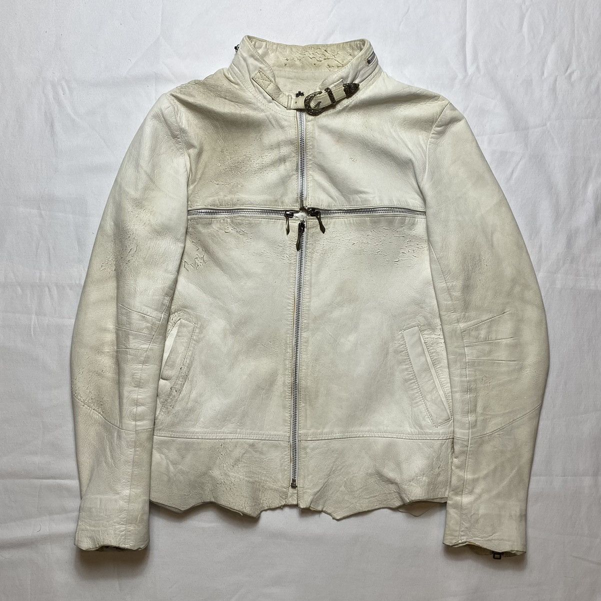 Pre-owned 14th Addiction Cross Zip Leather Jacket In White