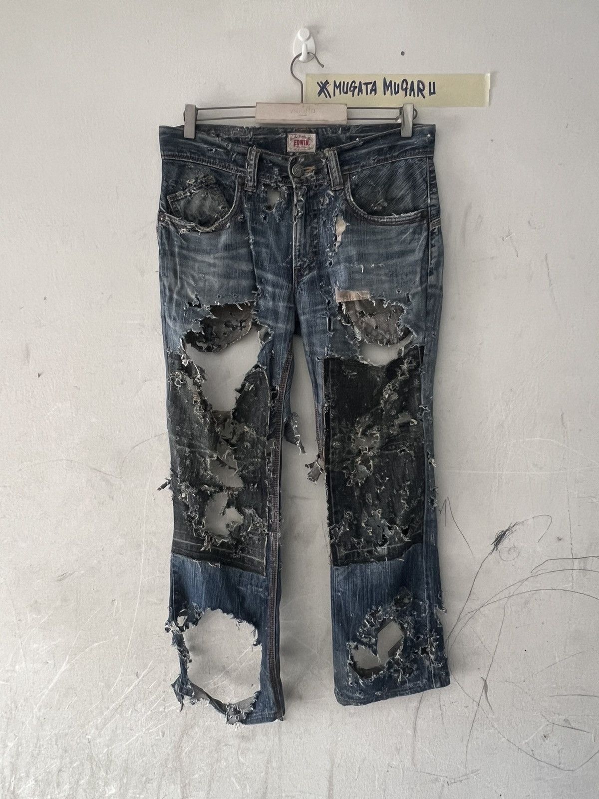Japanese Brand MUGATAMUGARU THRASHED🔥EDWIN FLARE RIPPED DENIM PANT Size US 32 / EU 48 - 1 Thumbnail