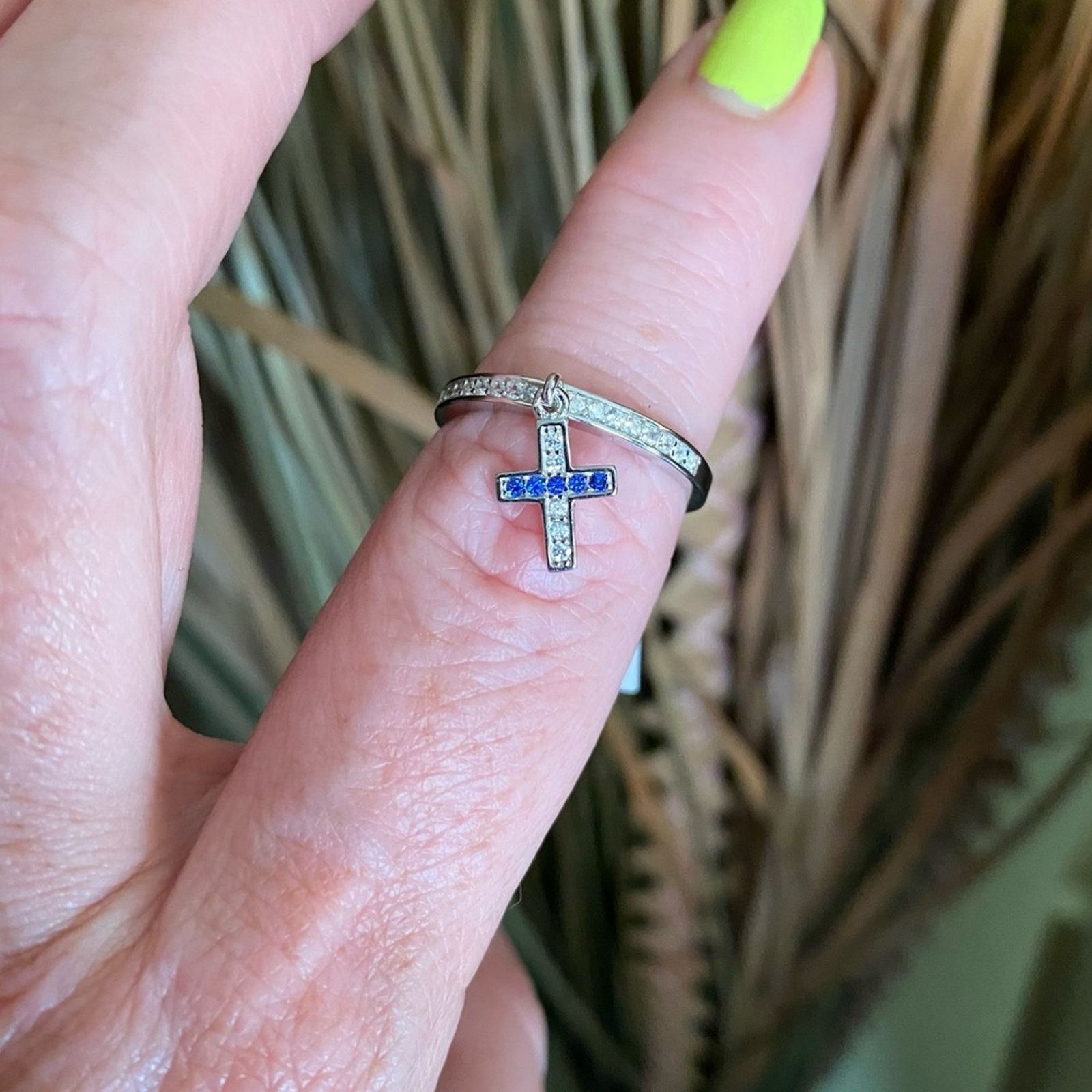 The Unbranded Brand Sapphire CZ Cross Dangle Sterling Silver Ring Size ONE SIZE - 1 Thumbnail