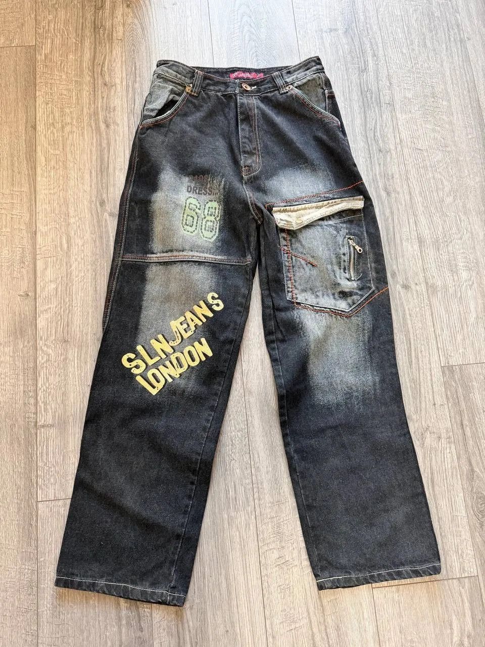 Ed Hardy VINTAGE Y2K RAW BLUE BAGGY CYBER WING DENIM SEQUIN JEANS 36 Size US 31 - 2 Thumbnail