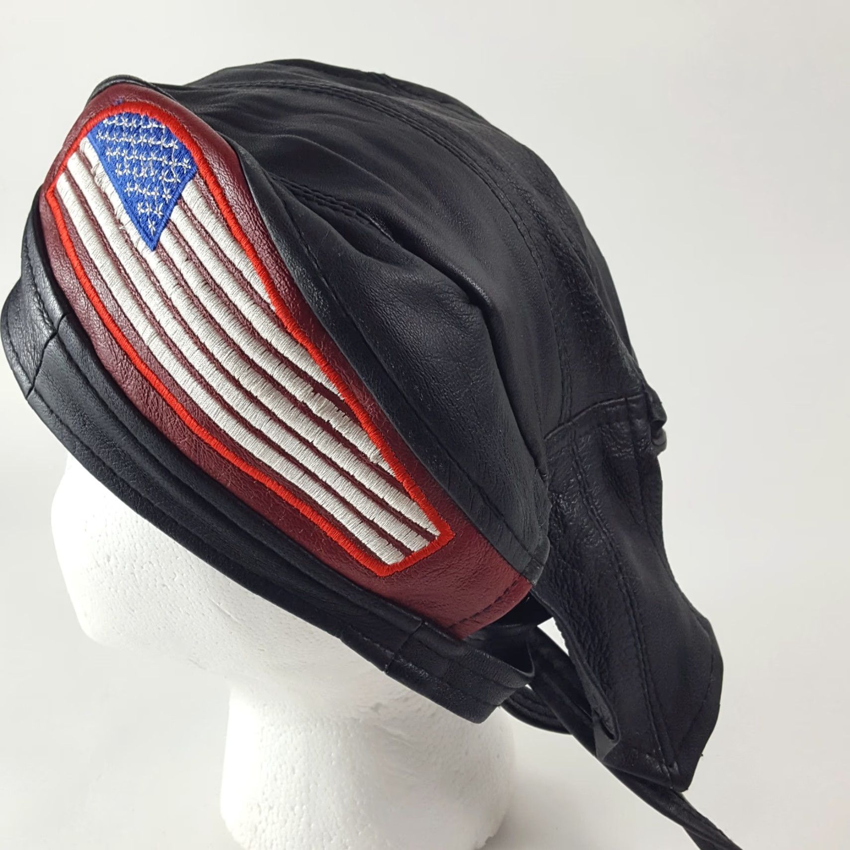 Vintage VINTAGE Sheep Leather USA Flag Motorcycle Skull Cap Headwrap Men One Size Black 90s Biker Skull 80s Y2K Athletic Outdoor Size ONE SIZE - 3 Thumbnail