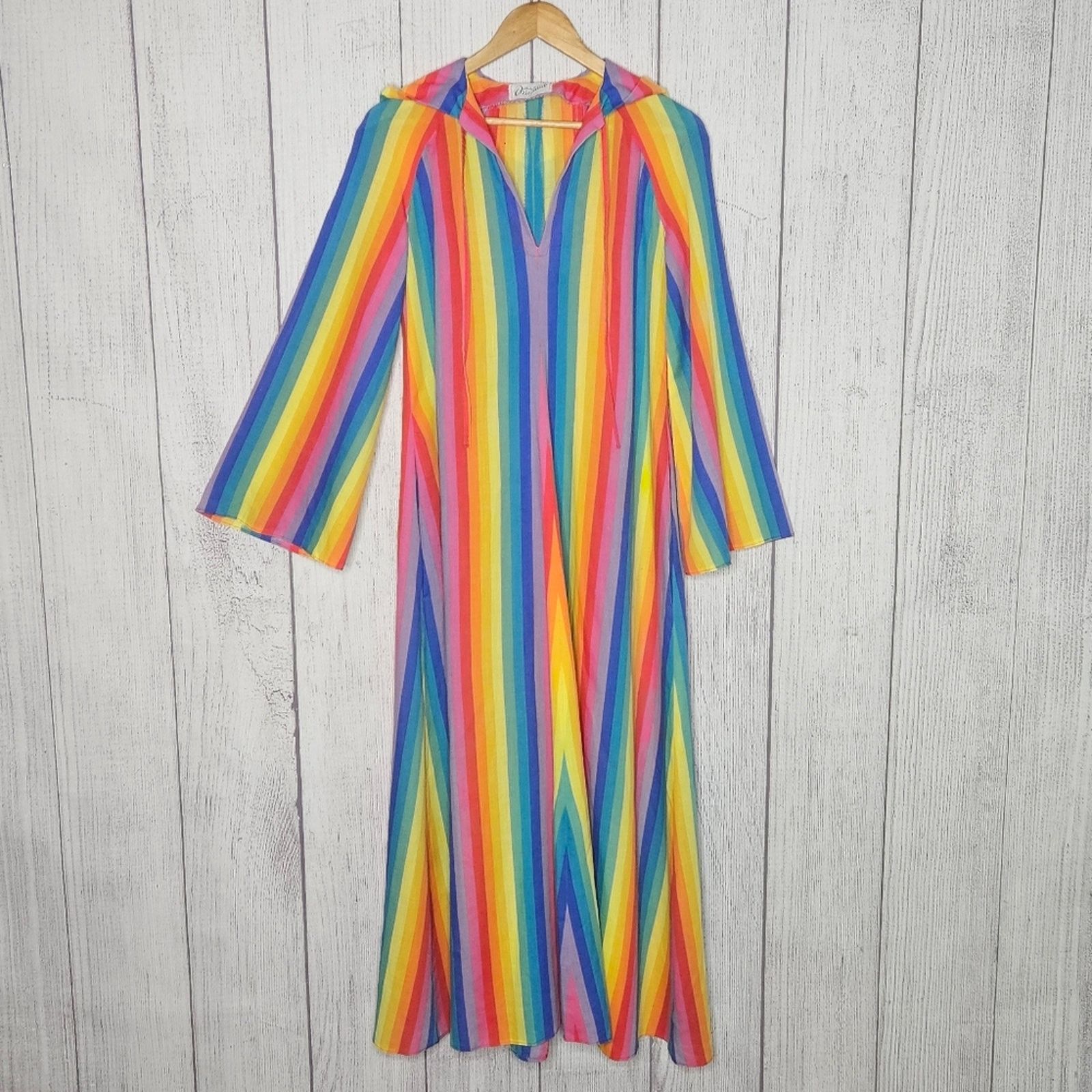 Vintage VTG OOAK Hooded Rainbow Stripe Maxi Dress, Flared Sleeves Size S / US 4 / IT 40 - 10 Thumbnail
