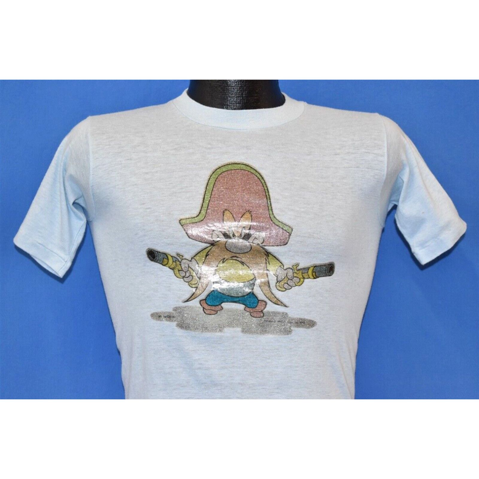 image of Vintage VTG 70's Yosemite Sam Glitter Iron On Chris Airbrush Sun Clouds Blue T-Shirt Xs in White