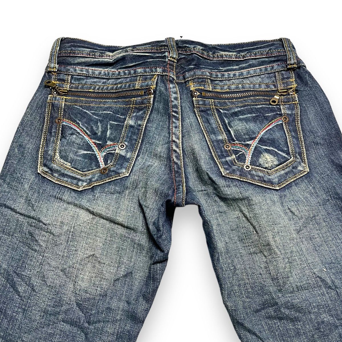 Le Grande Bleu (L.G.B.) 🇯🇵 SUPER FLARE BACK NUMBER WASHED DENIM PANTS Size US 30 / EU 46 - 14 Thumbnail