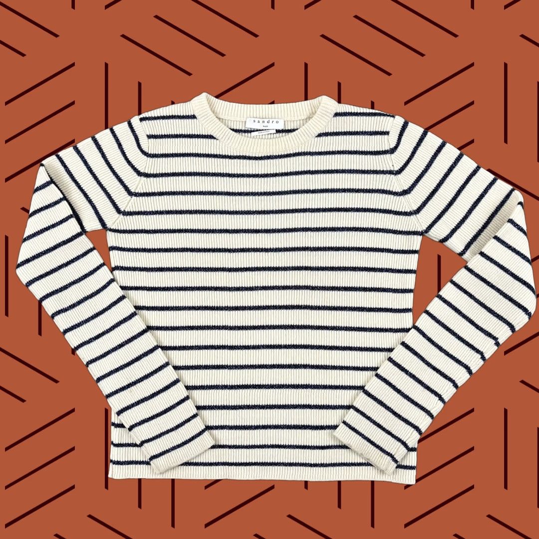 Sandro Sandro Sweater Womens Size 2 White Metallic Blue Striped Knit Pullover Size XS / US 0-2 / IT 36-38 - 1 Thumbnail