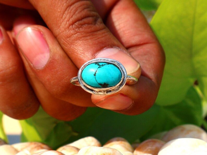 Handmade Turquoise Ring, Handmade Sterling Silver Green Gemstone Ring Size ONE SIZE - 3 Thumbnail