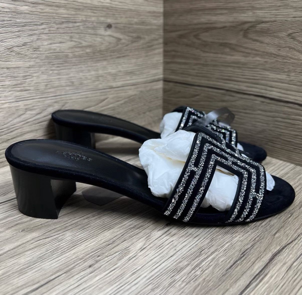 Hermes Hermès Oasis Black & Silver Crystal H Slippers J41 Size US 7 / IT 37 - 4 Thumbnail