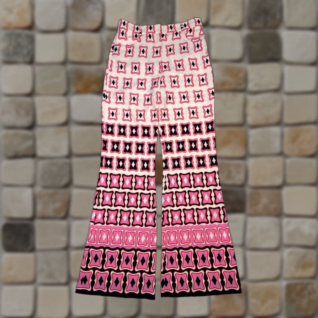 Zara Zara High Waisted Flared Leg Pants Womens Medium Pink Geometric Print Stretch Pants Size 32" / US 10 / IT 46 - 1 Thumbnail