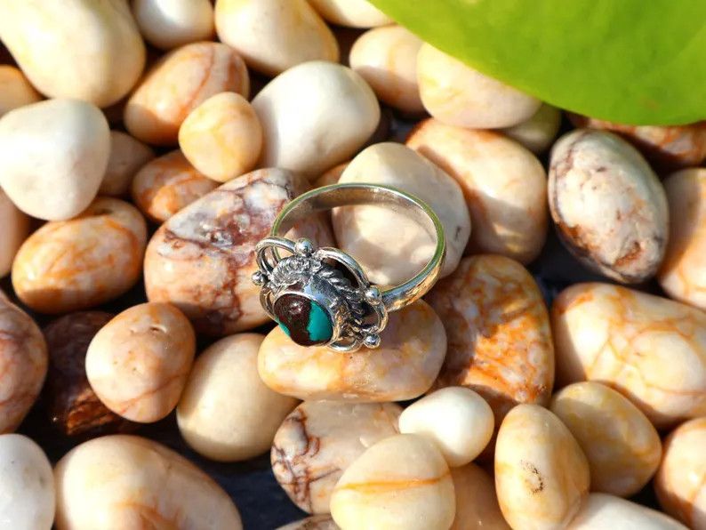 Handmade Turquoise Silver Ring, Flower Gemstone, December Birthstone Size ONE SIZE - 4 Thumbnail