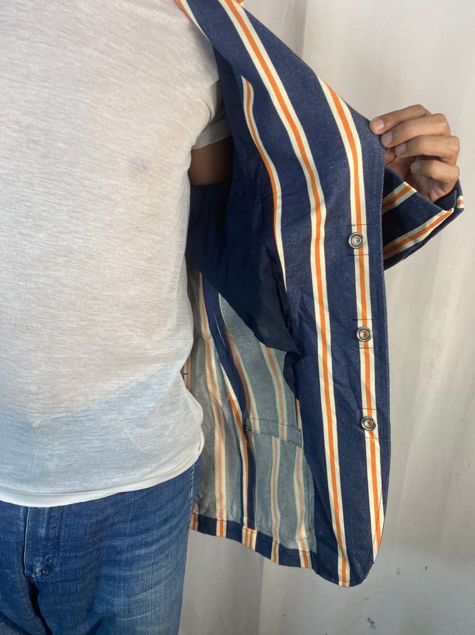 Designer × W&LT × Walter Van Beirendonck 🔥RARE🔥Vintage W&.L.T denim stripe snap button blazer jacket Size US S / EU 44-46 / 1 - 15 Thumbnail
