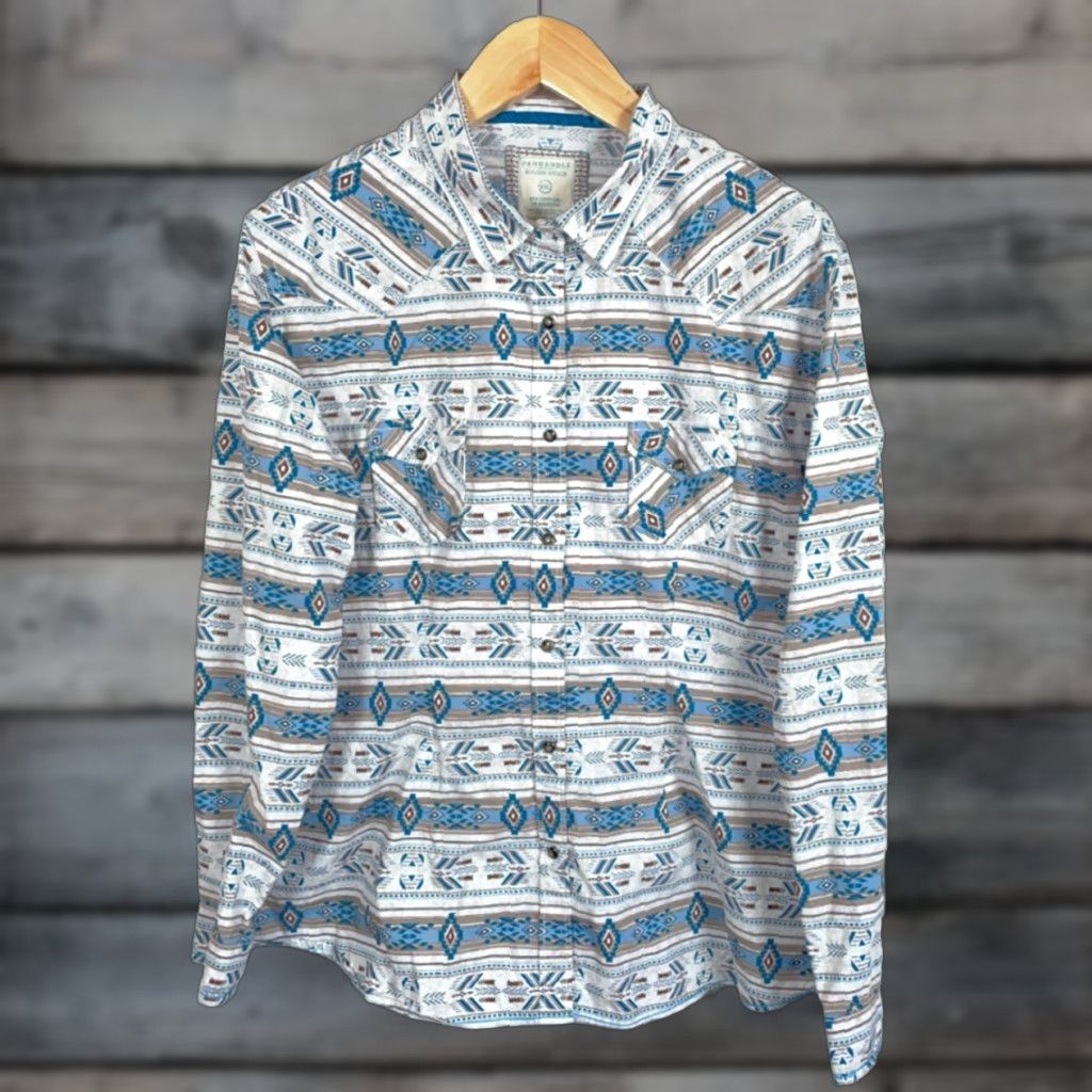 Vintage VINTAGE Panhandle Slim Rough Stock Shirt Women’s 2XL White Blue Geometric Pearl Snap Western Button-Up, 90s Cowboy Style, Casual Wear Size XXL / US 16-18 / IT 52-54 - 1 Thumbnail