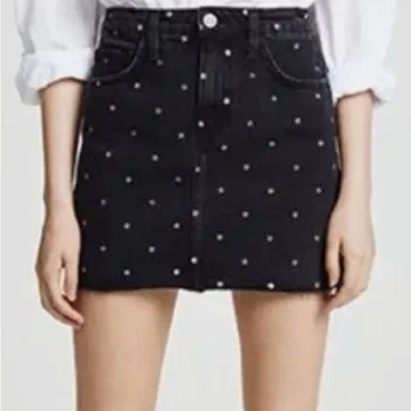Current/Elliot Current/Elliot Black Denim Silver Polka Dot Raw Hem Mini Size 31" - 1 Thumbnail