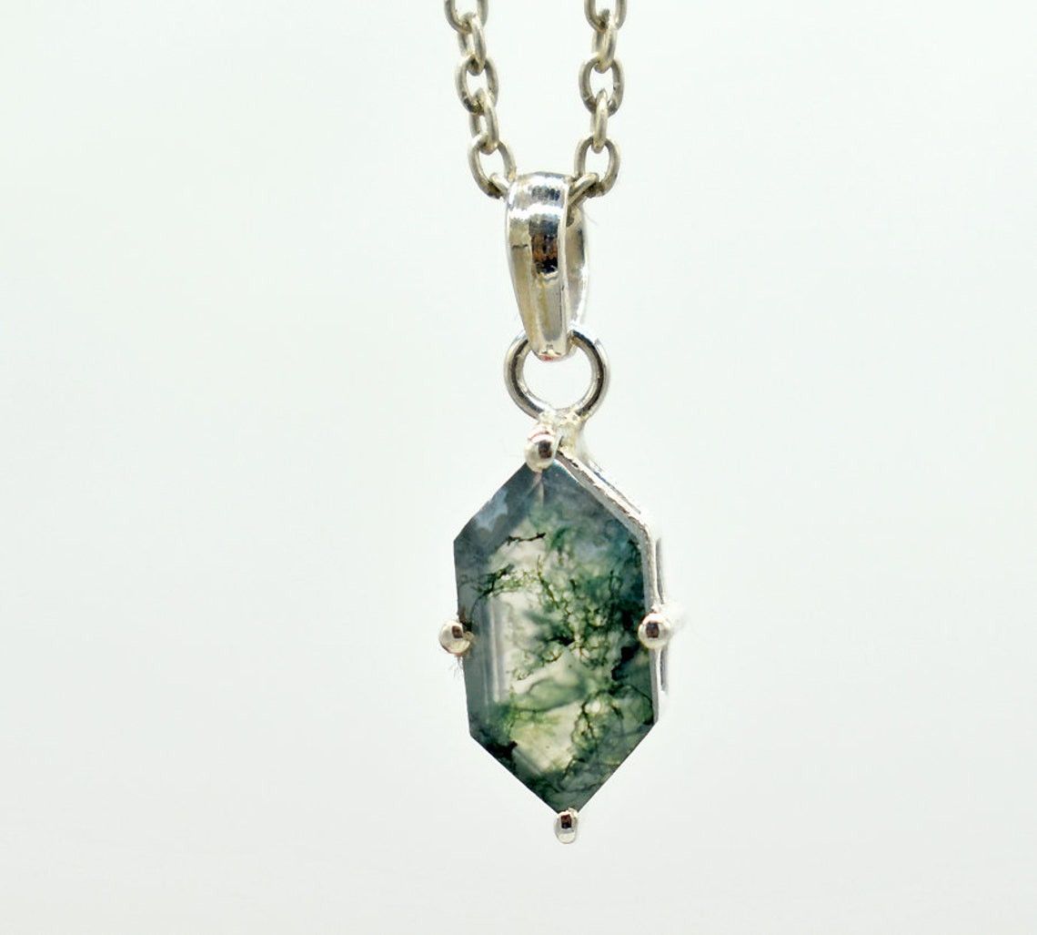 Handmade Sterling Silver Moss Agate Gemstone Necklace - 18 Inch Size ONE SIZE - 3 Thumbnail