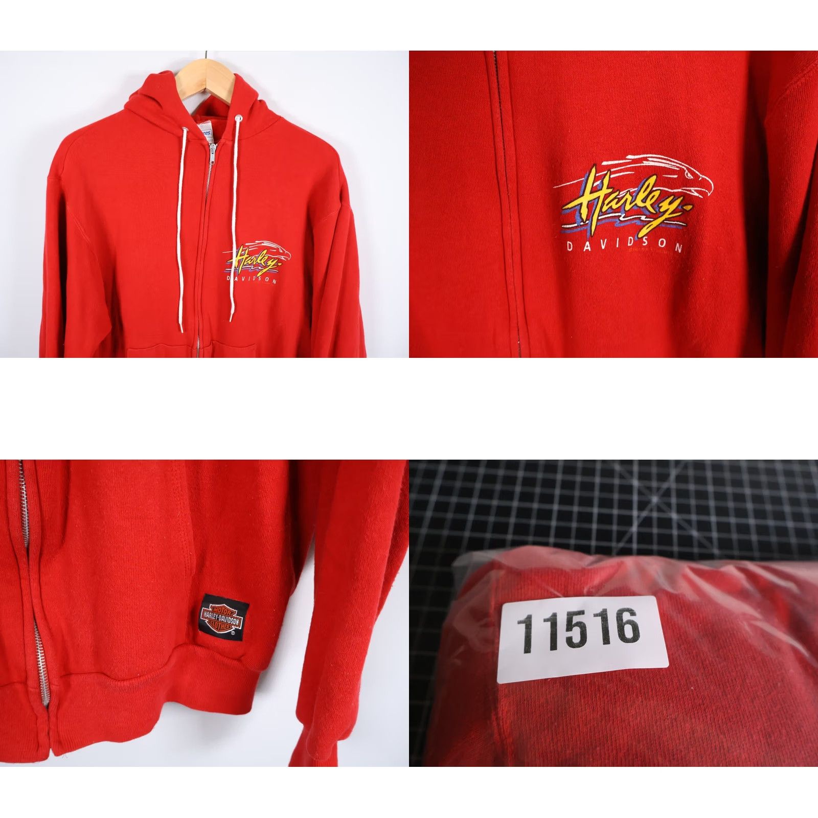 Harley Davidson VINTAGE Harley-Davidson Hoodie Mens Large Red 80s Full Zip Graphic Print Pockets Bar/City/Retro (Hanes Tag) Size US L / EU 52-54 / 3 - 9 Thumbnail