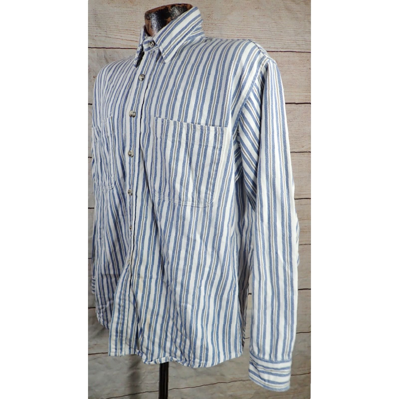 Vintage VINTAGE St. John's Bay Heavy Work Flannel Shirt, Striped, Big & Tall, LT, White/Blue/Gray, 80s-90s, Mens Size US L / EU 52-54 / 3 - 2 Thumbnail