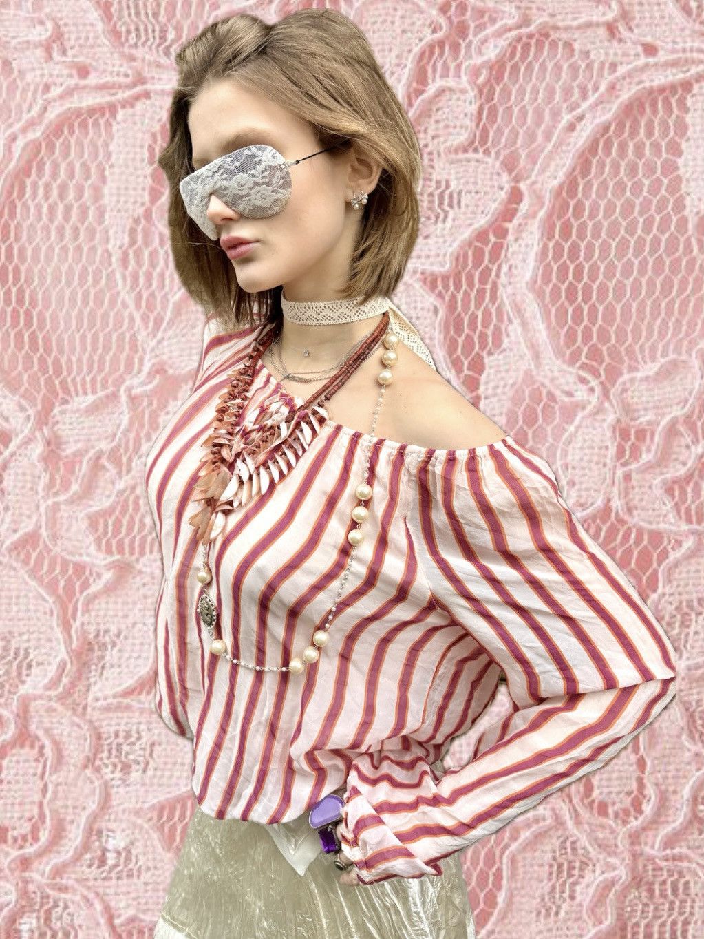 Vintage Vintage Silk pink striped off the shoulder blouse Size S / US 4 / IT 40 - 1 Thumbnail