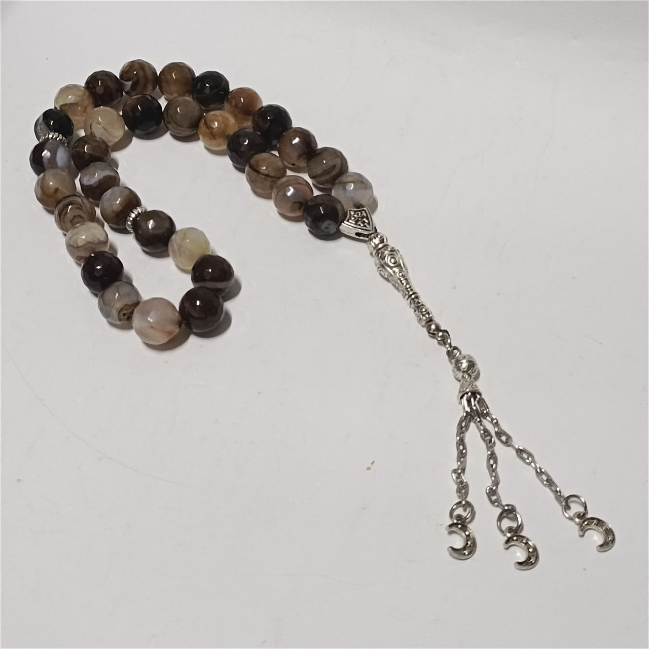 33 agate stone prayer beads silver crescent charms tassel