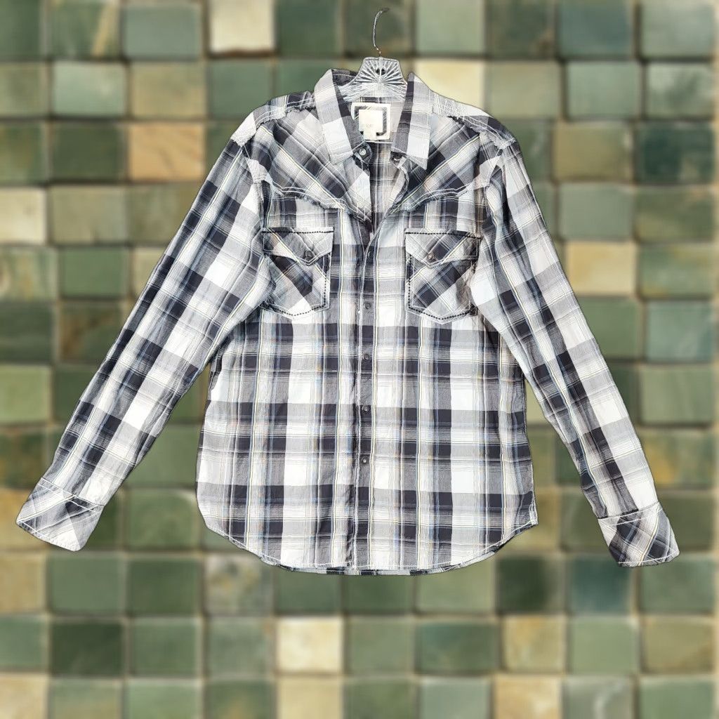 Vintage VINTAGE Buckle Shirt Mens Gray Plaid Slim Long Sleeve Button-Up Snap Size L Size US L / EU 52-54 / 3 - 1 Thumbnail