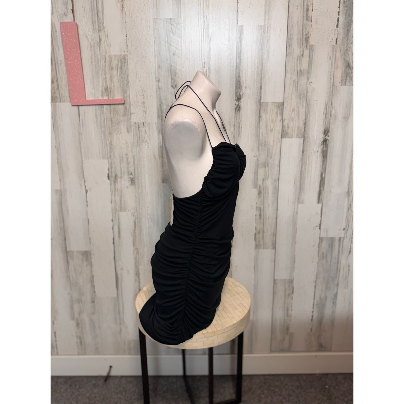 Other Black Ruched Bodycon Mini Dress Halter Neck Tie Back Stretch Size L / US 10 / IT 46 - 8 Thumbnail