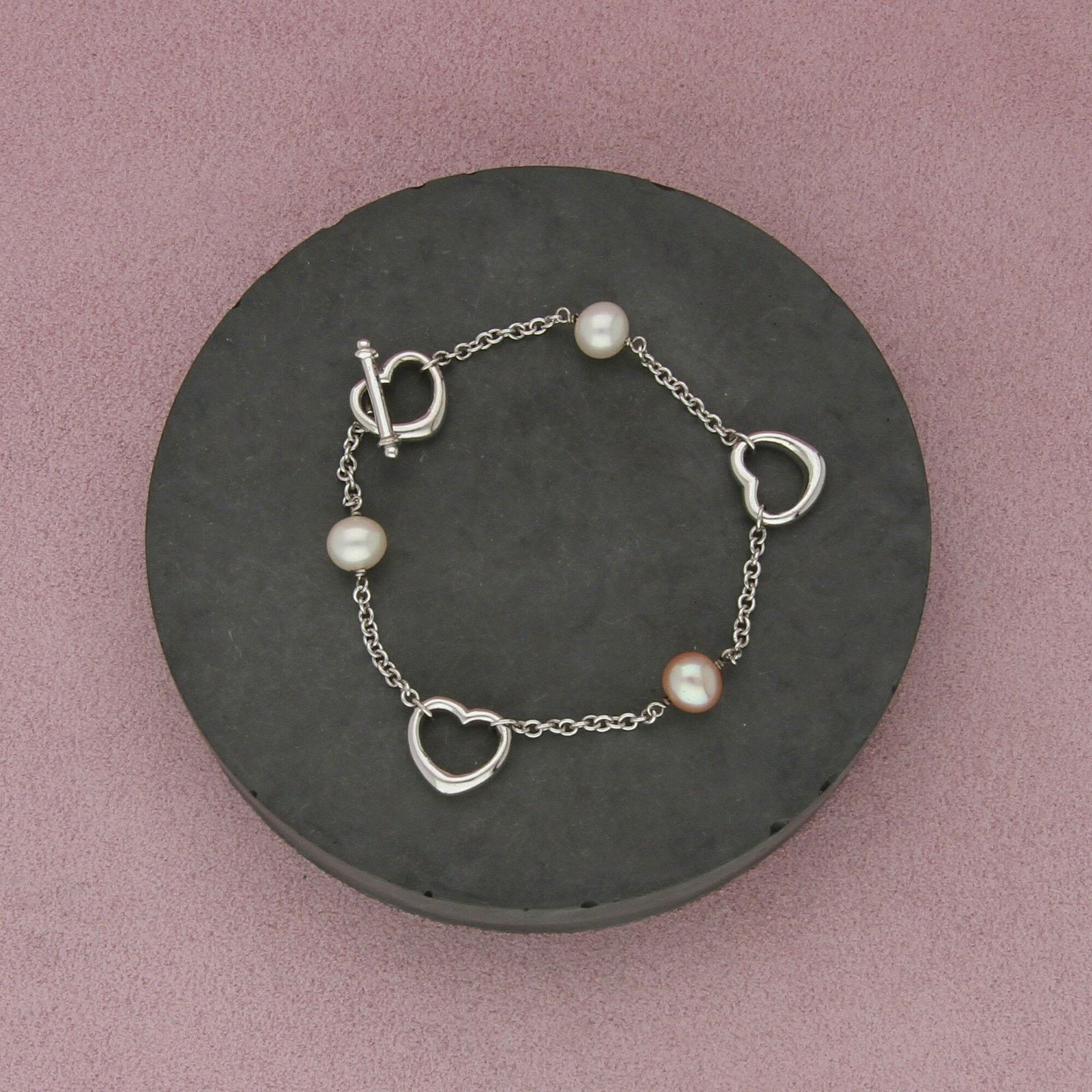 Sterling Silver sterling silver pearl & heart station toggle bracelet 7.5in Size ONE SIZE - 1 Thumbnail