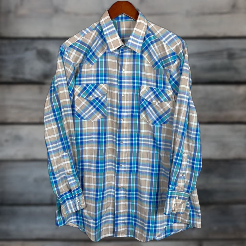 Vintage VINTAGE 80s Western Shirt Plaid Gray Blue Pearl Snap Lightweight Cotton Blend Cowboy Size US L / EU 52-54 / 3 - 1 Thumbnail