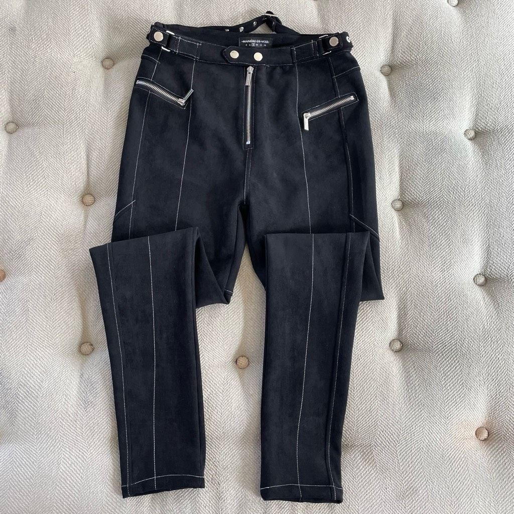 image of Maniere De Vior Maniere De Voir Vegan Suede Black Zipper Snap Pants 8, Women's (Size 30)