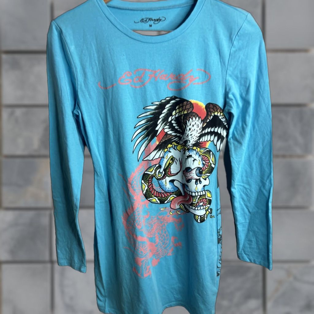 Ed Hardy Ed Hardy T-Shirt Dress Womens M Blue Long Sleeve Tattoo Skull Dragon Dress Size M / US 6-8 / IT 42-44 - 1 Thumbnail