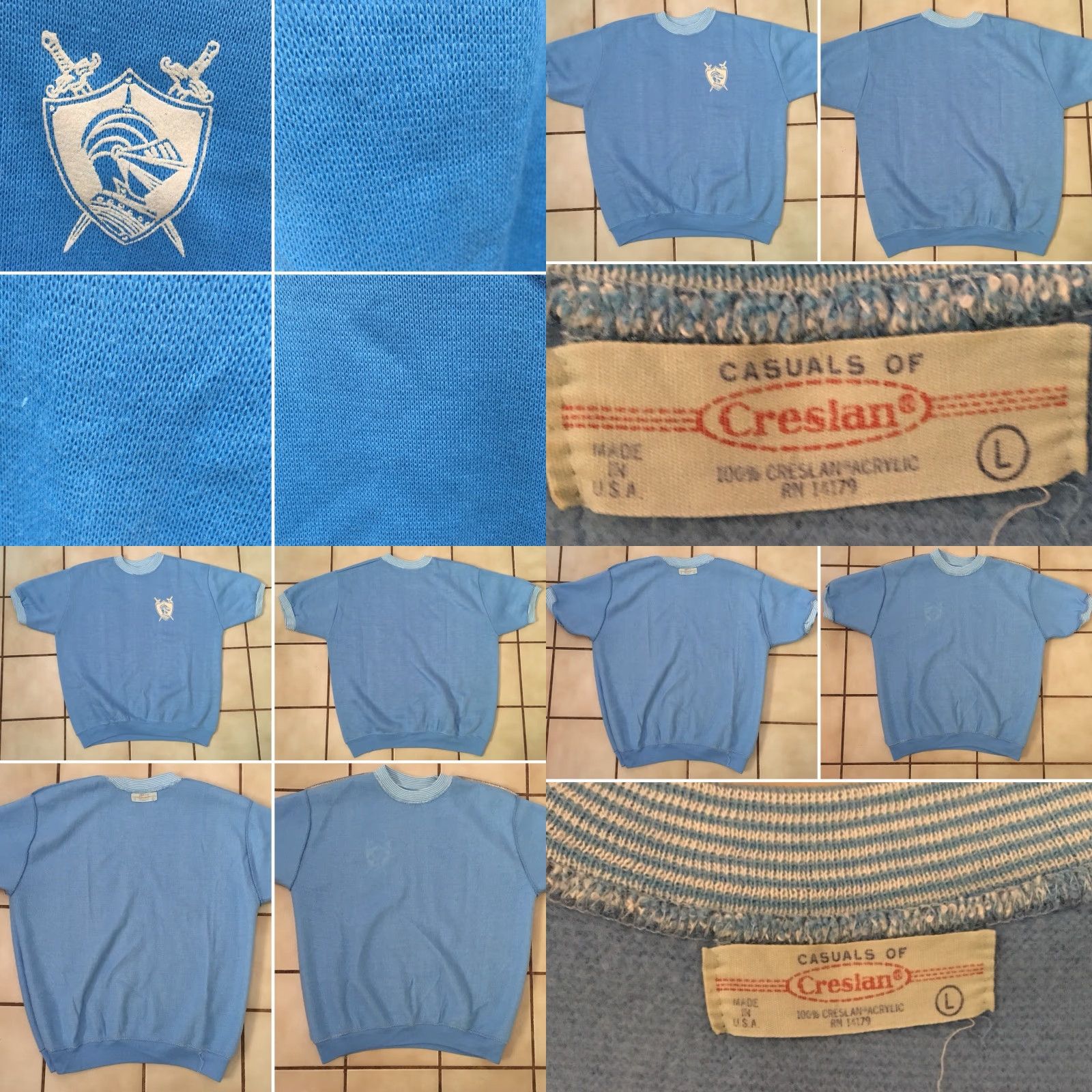 Vintage VINTAGE 1960s 1970s Creslan Acrylic Knit Short Sleeve Sweatshirt Knight Crest Rockabilly True Vintage Casuals Of Creslan L Blue Mens Shirt Size US L / EU 52-54 / 3 - 8 Thumbnail