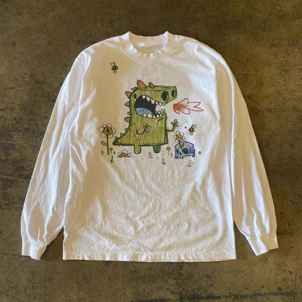 Vintage White Casual Retro Long-Sleeve T-Shirt with Dinosaur Print Size US M / EU 48-50 / 2 - 1 Thumbnail