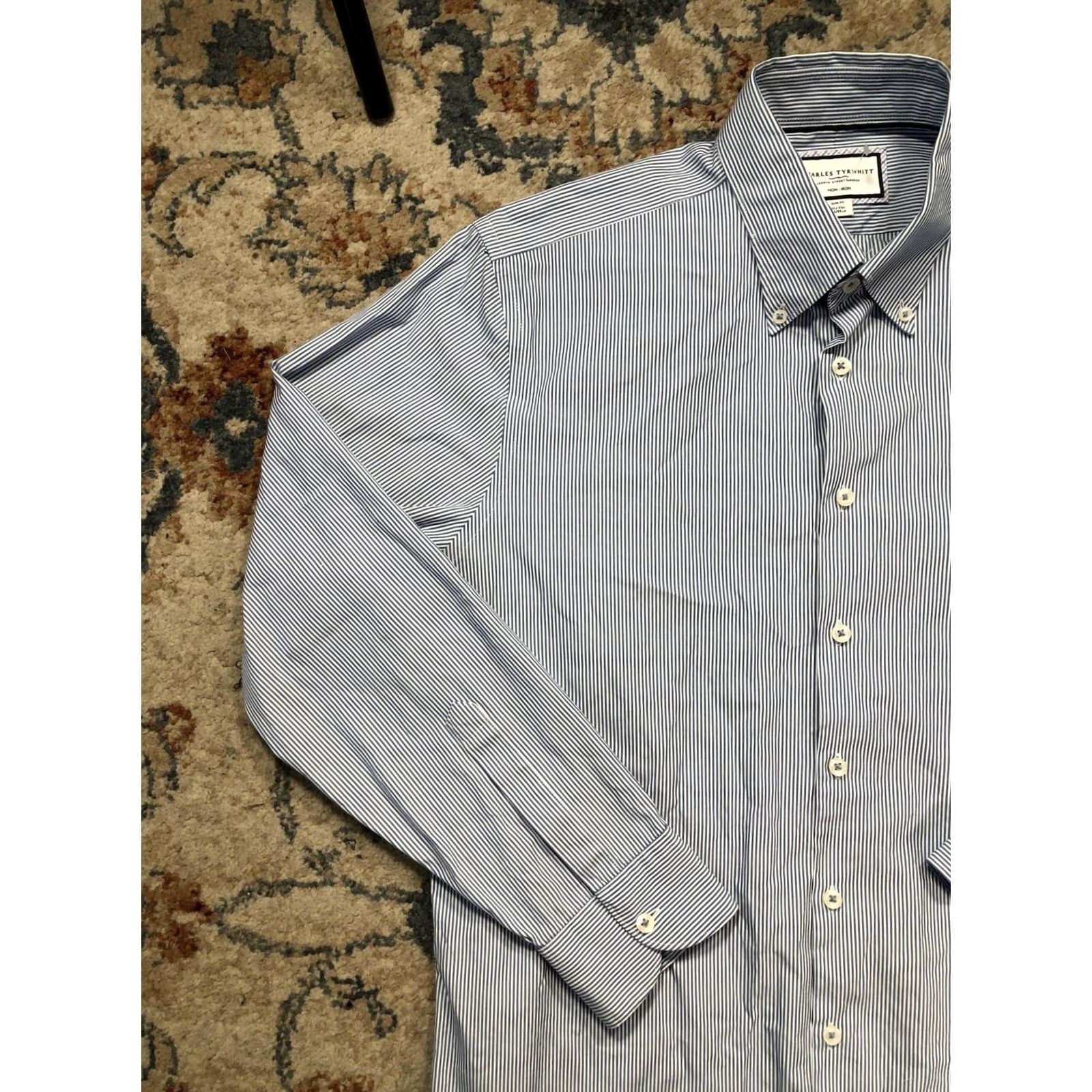 Charles Tyrwhitt Charles Tyrwhitt Dress Shirt Mens 17 34/35 Slim Non-Iron Blue Stripe Shirt Size 46R - 3 Thumbnail