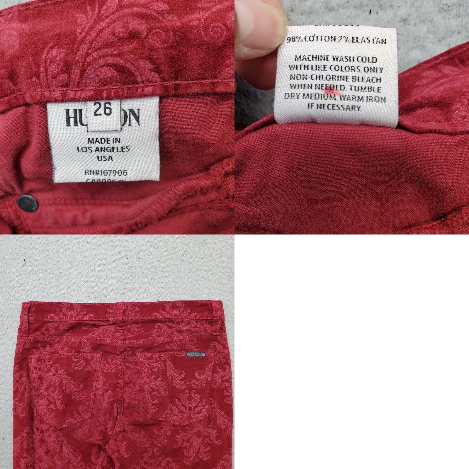 Hudson Hudson Jeans Womens 26 Multi Wine Paisley Cotton 5-Pockets Skinny Leg USA Made Shirt Size 26" / US 2 / IT 38 - 8 Thumbnail