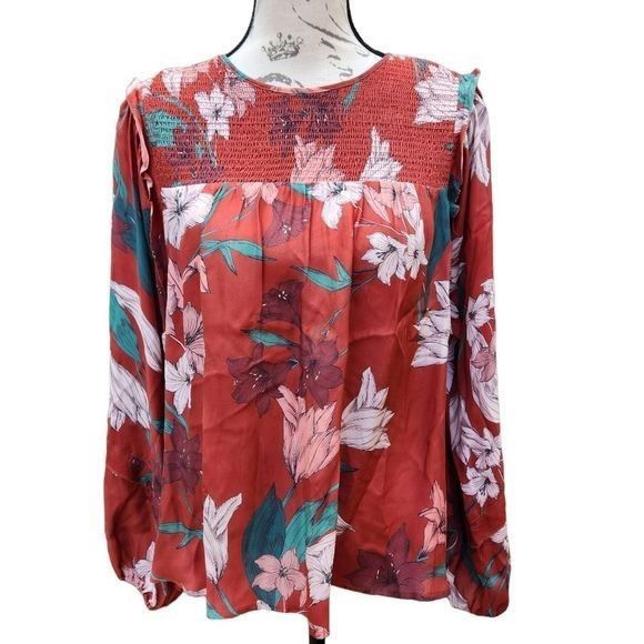 Anthropologie - Dolan Peaches Smocked 100% Silk Blouse Top L