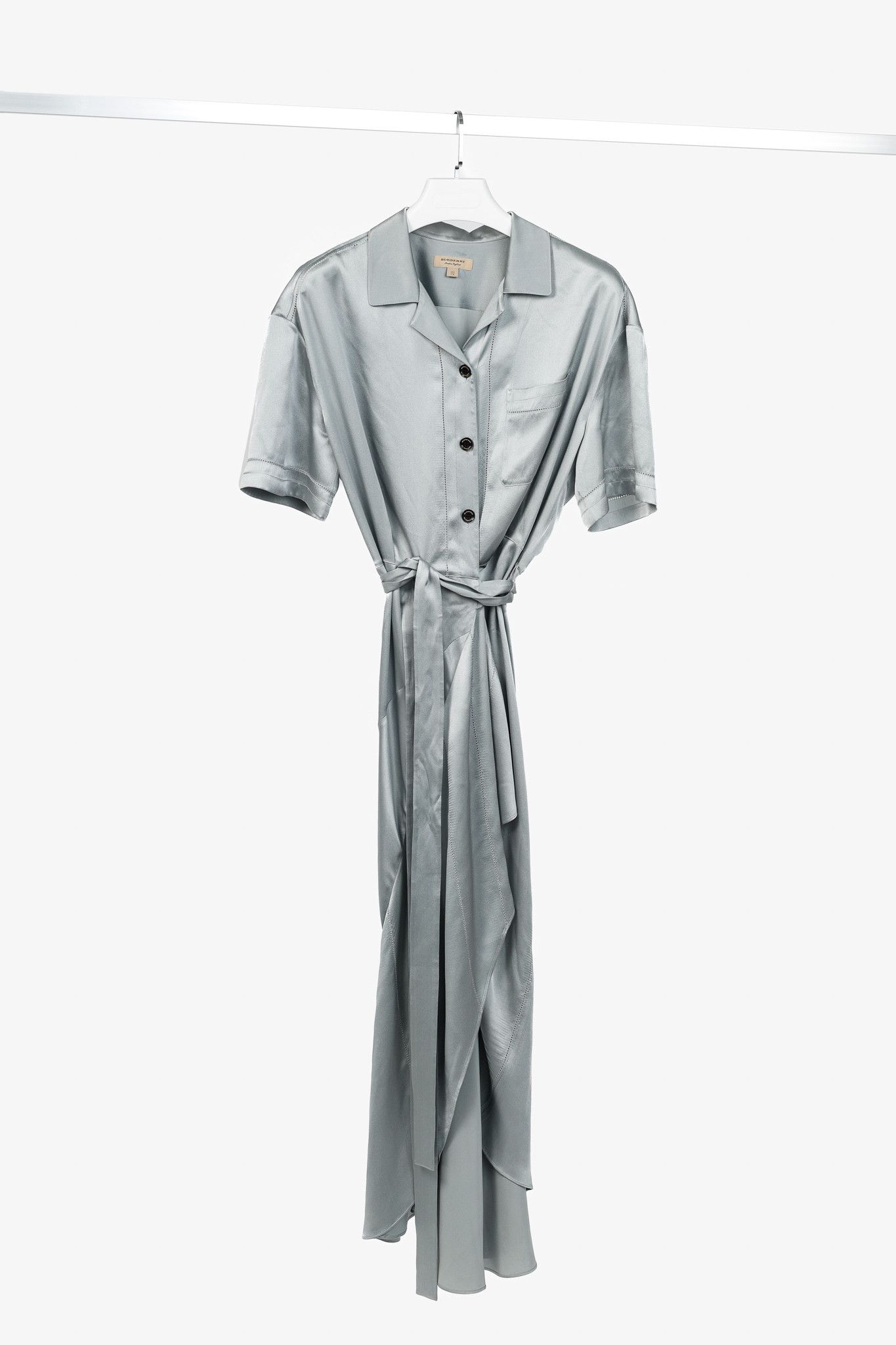 Burberry Burberry Emily Mineral Blue Silk-Satin Tie-Waist Shirt Dress Size S / US 4 / IT 40 - 1 Thumbnail
