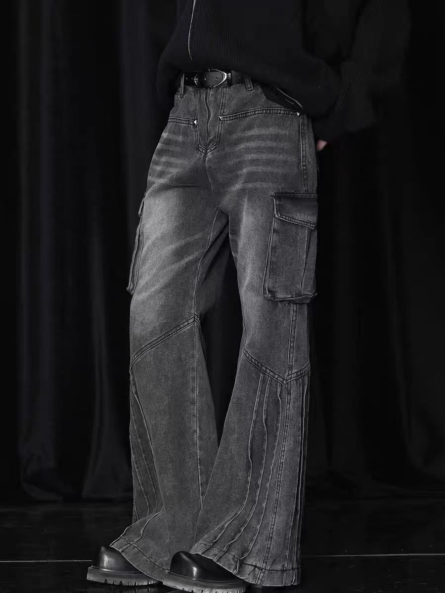 Washed vintage side pocket design bootcut baggy jeans