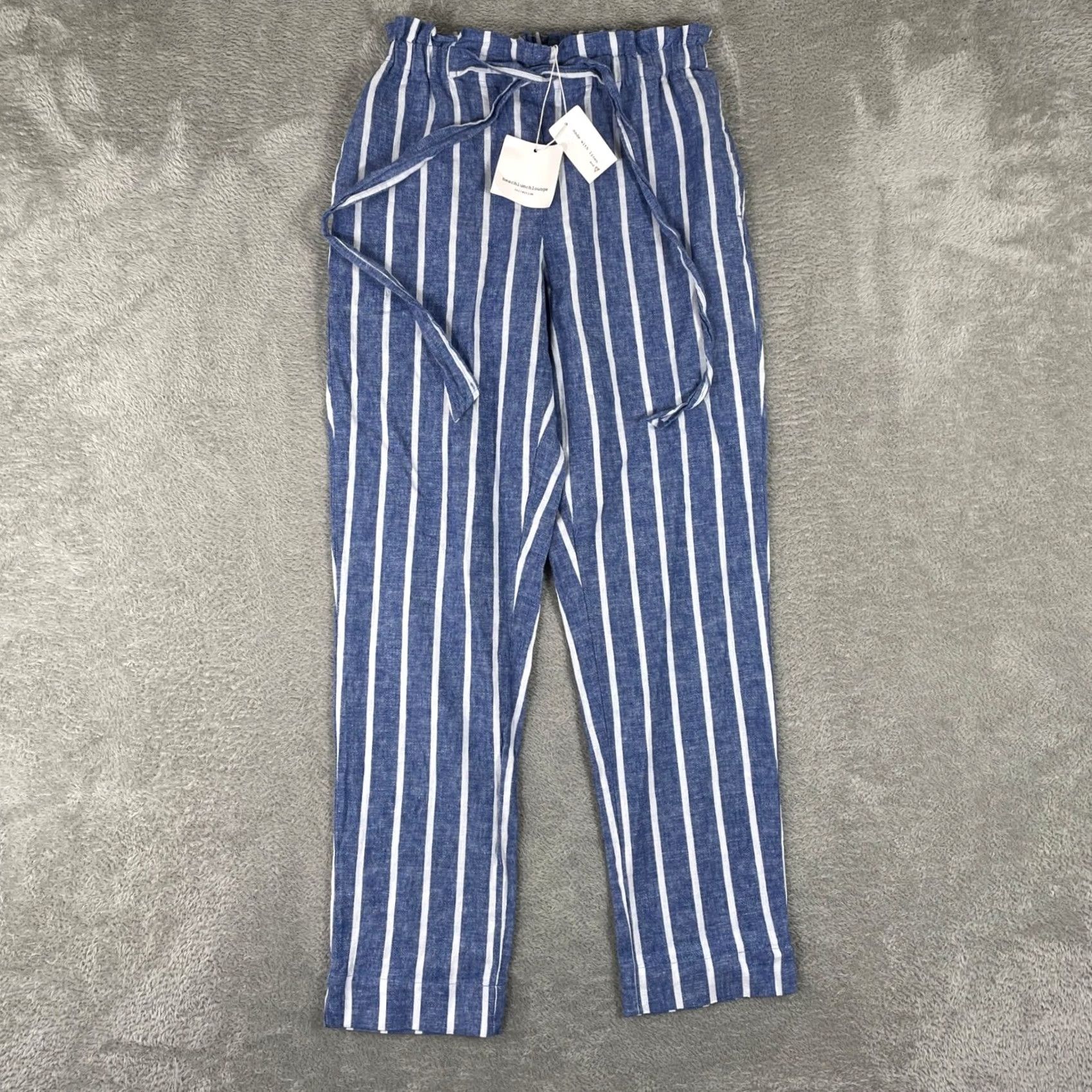 Vintage BeachLunchLounge Pants XS Blue Striped Linen Blend Drawstring Coastal Womens Size 26" / US 2 / IT 38 - 2 Thumbnail