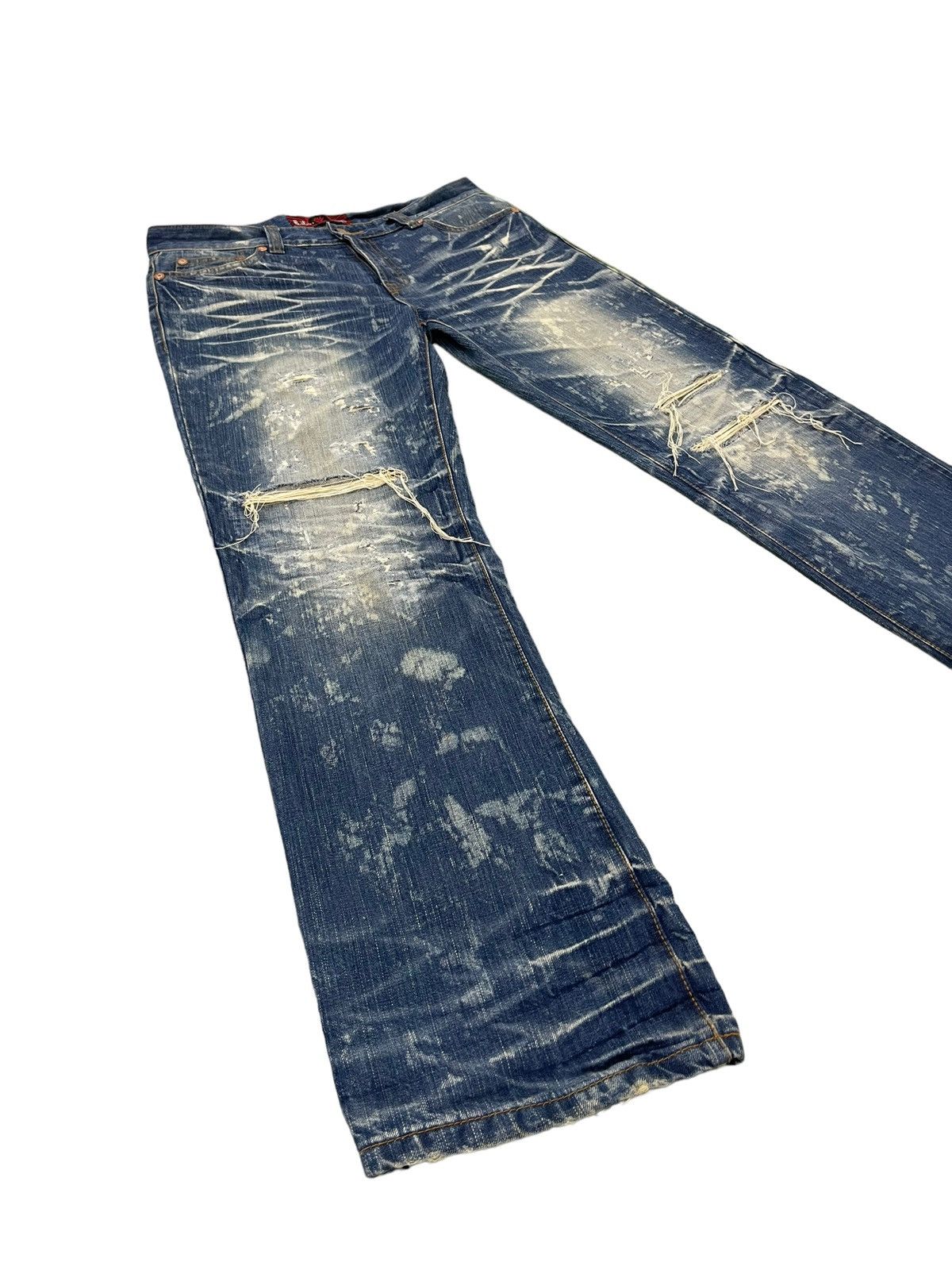 Japanese Brand Distress Thrash Acid Wash Oniarai Denim Regular Fit 7🟦4 Size US 35 - 2 Thumbnail