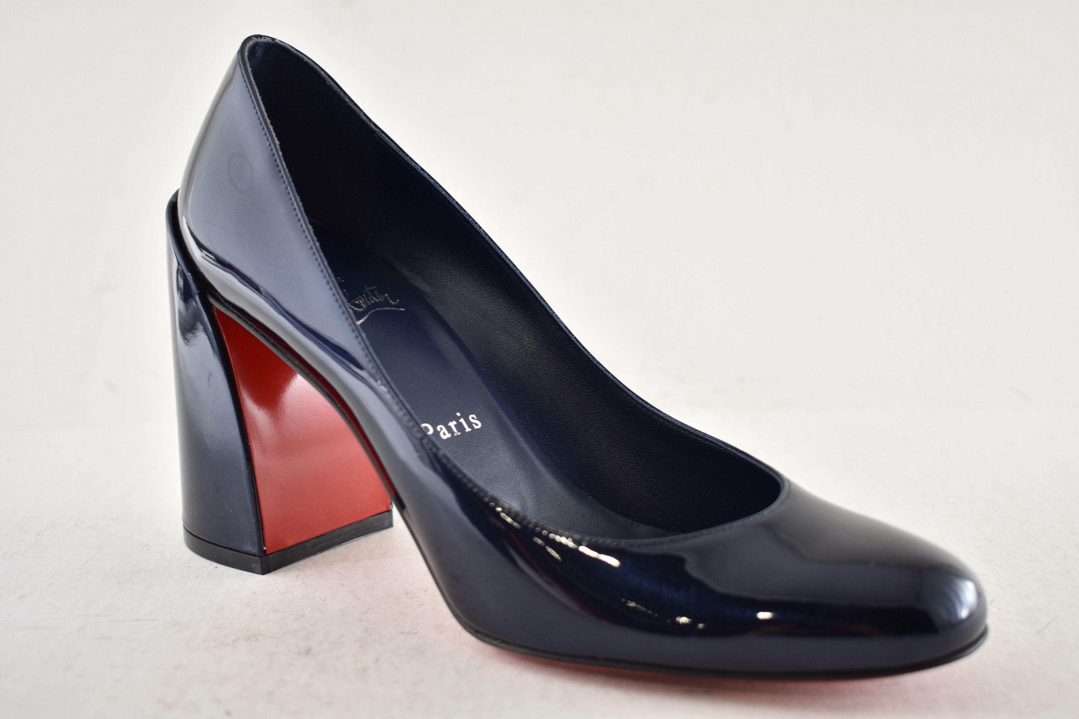 Christian Louboutin Miss Sab 85 Zaffiro Navy Blue Patent Block Heel Pump 37 Size US 7 / IT 37 - 6 Thumbnail