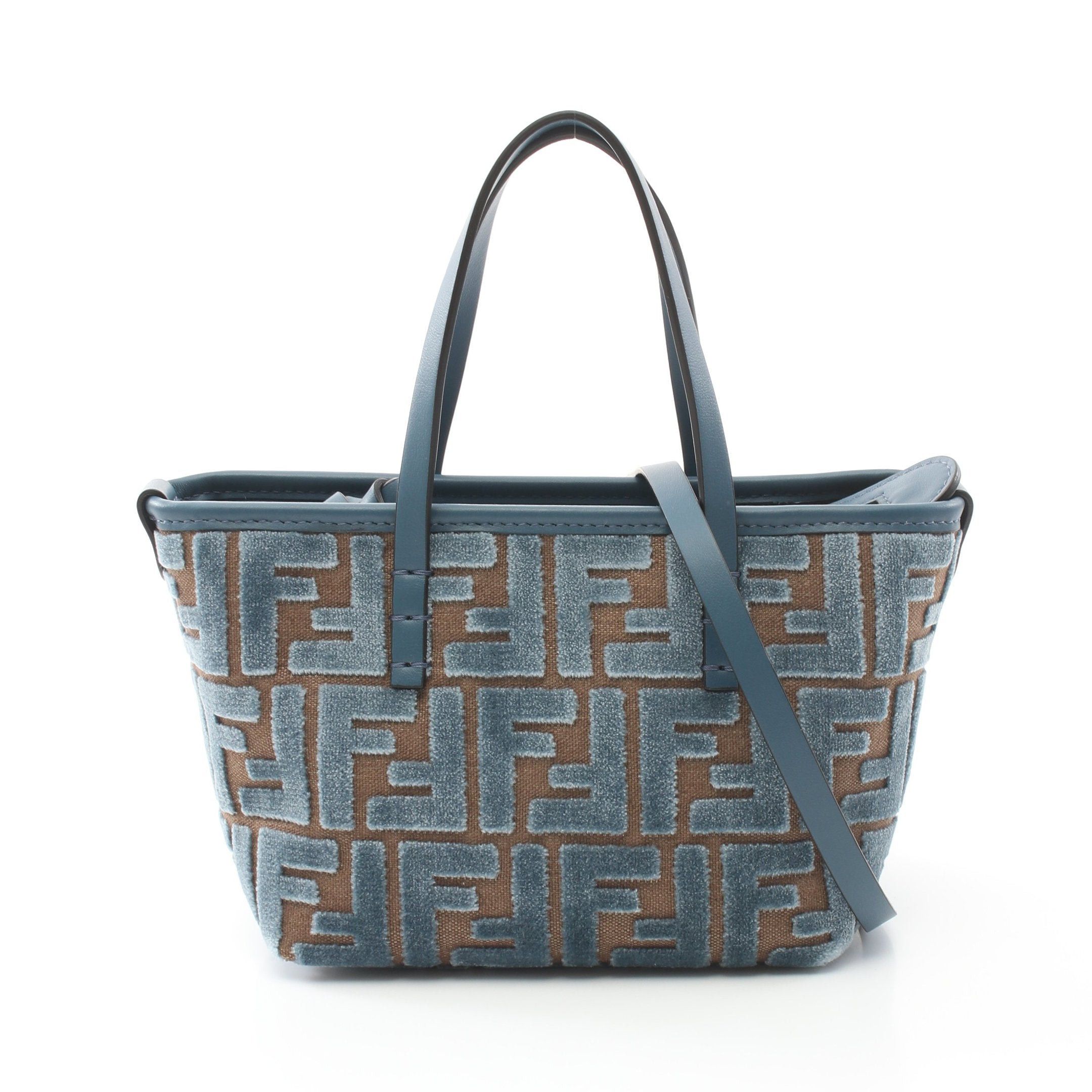 Fendi Roll Mini Handbag Tote Bag Velor Canvas Leather Blue Green Brown, Women's