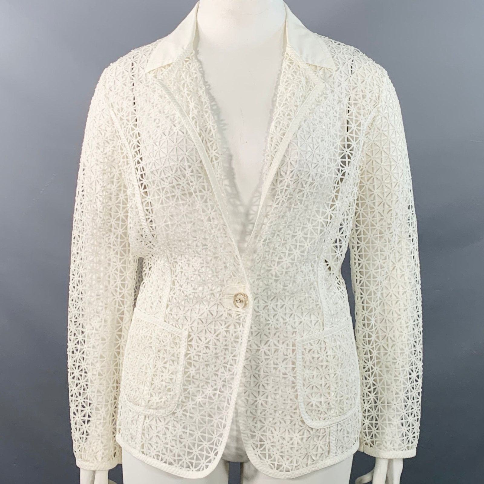 Escada ESCADA XL White Cotton Blend Geometric Mesh Jacket Blazer Size XL / US 12-14 / IT 48-50 - 1 Thumbnail