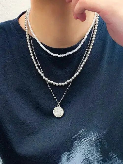 Jewelry x Vintage Retro Punk Necklace Pearl 3Pc Set in White, Men's